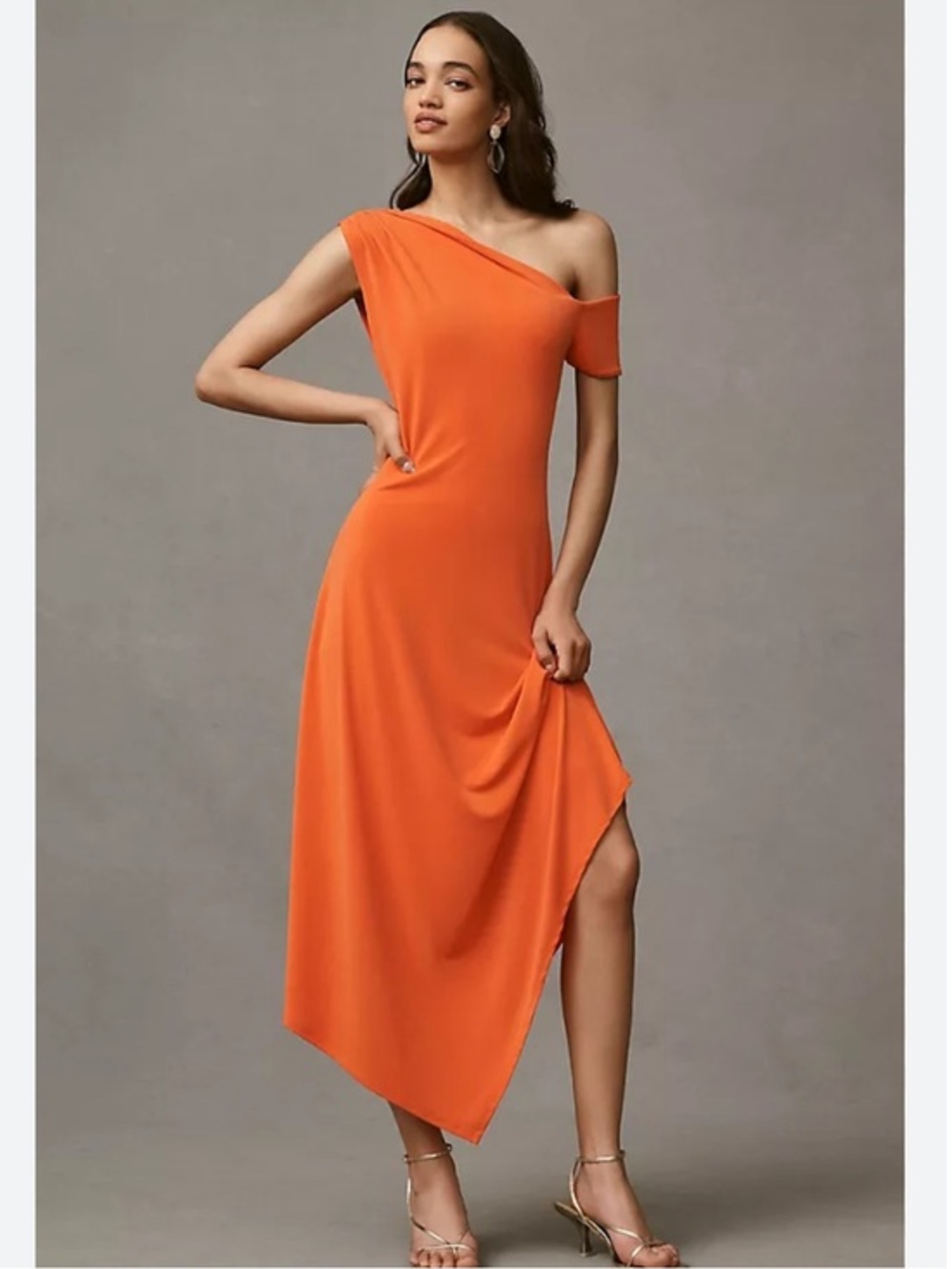 Anthropologie BHLDN Dress One-Shoulder Asymmetric Jersey Midi in Orange